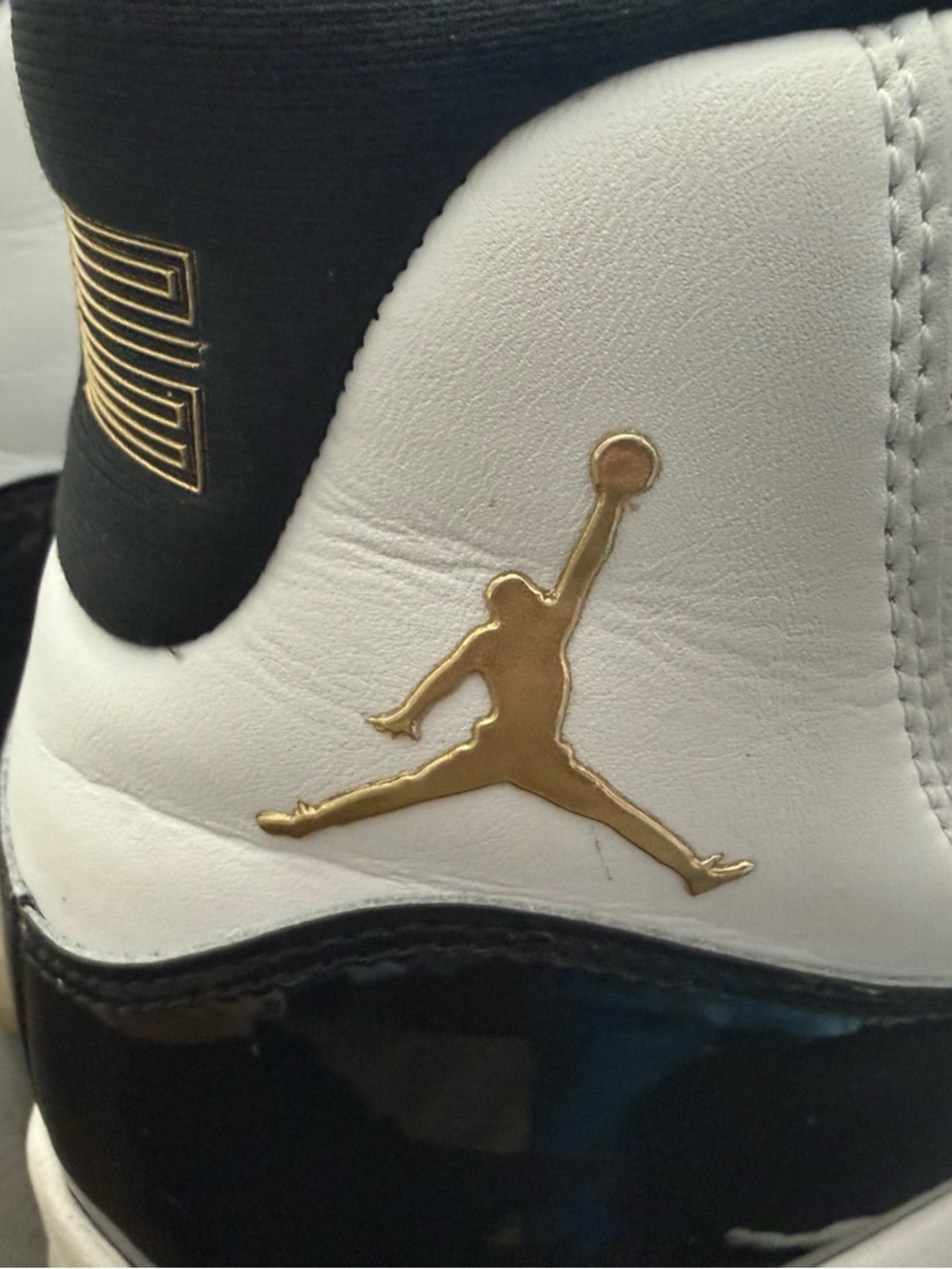 Jordan 11 Gratitude Basketball Sneakers in White, Black & Gold - Picture 7 of 9